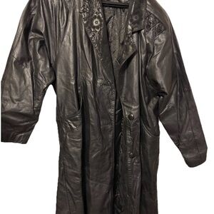 Women's Black Leather Coat Vintage Paris Sport Club Women’s Medium Long